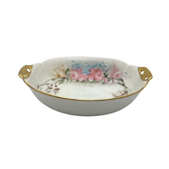 Antique Hand Painted Japan 5” Porcelain Dish Pink Roses Gold Trim Handles - Picture 6 of 6
